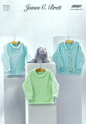 James Brett Intermediate Knitting Pattern Baby Sweater & Cardigan JB887