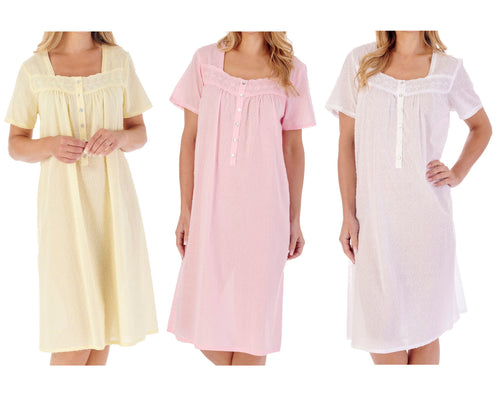 Slenderella Ladies Short Sleeve Circular Dobby Dot Cotton Nightie (3 Colours)