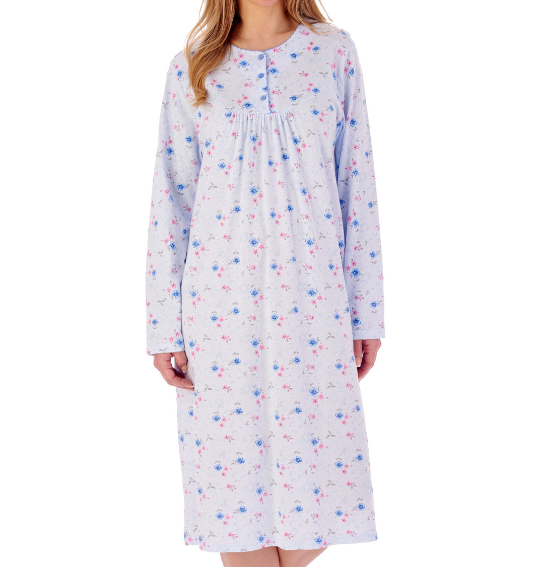 Slenderella Ladies Floral Picot Trim Long Sleeved Nightdress (3 Colours)