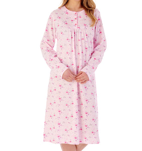 Slenderella Ladies Floral Picot Trim Long Sleeved Nightdress (3 Colours)