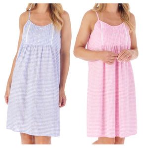 Slenderella Ladies Gingham & Flower Design Chemise (Blue or Pink)