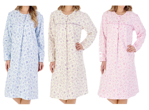 Slenderella Floral Flannel Cotton Long Sleeve Nightdress (3 Colours)