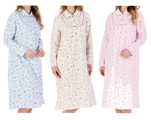 Slenderella Ladies Floral Peter Pan Collar Flannel Nightdress (3 Colours)