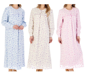 Slenderella Ladies Floral Flannel Cuff Sleeve Long Nightdress (3 Colours)