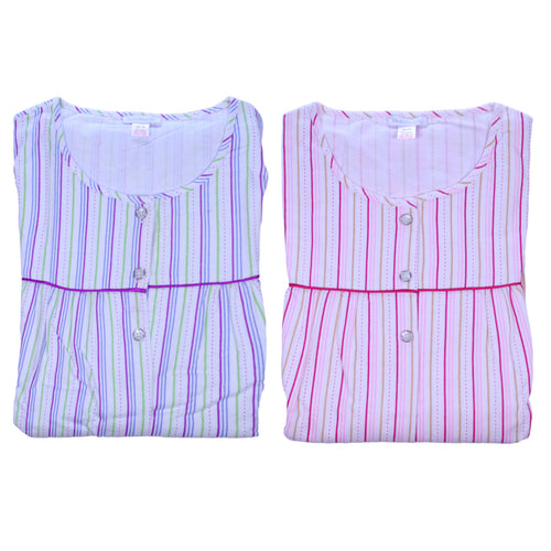 Slenderella Ladies Striped Cotton Long Sleeved Nightshirt UK 10-22 (Blue or Pink)