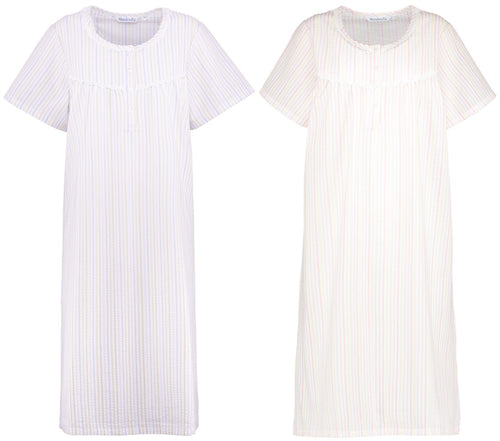 Slenderella Ladies Seersucker Stripe Short Sleeved Nightie UK 10-30 (Blue or Pink)