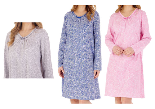 Slenderella Long Sleeve V Neck Ditsy Floral Jersey Nightie (3 Colours)