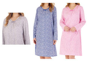 Slenderella Long Sleeve V Neck Ditsy Floral Jersey Nightie (3 Colours)