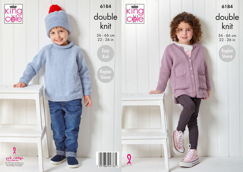 King Cole Double Knitting Pattern 6184 Kids Sweater, Hat & Cardigan