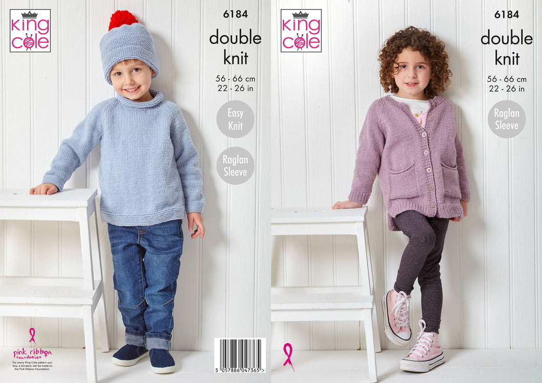 King Cole Double Knitting Pattern 6184 Kids Sweater, Hat & Cardigan