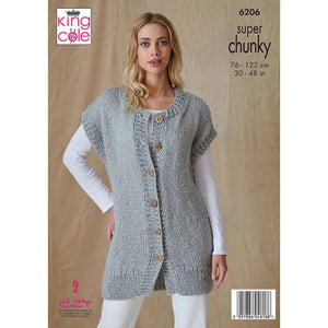 King Cole Knitting Pattern Women's Super Chunky Hooded Jacket and Waistcoat (6206)