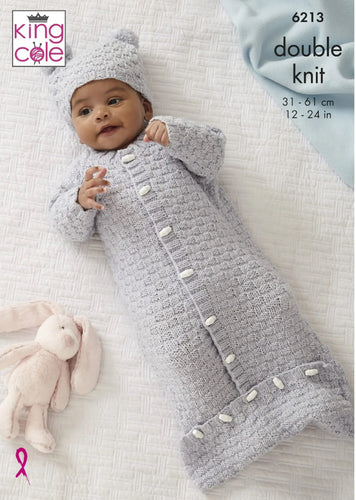 King Cole Double Knitting Pattern - Baby Jacket, Sweater Sleeping Bag & Hat 6213
