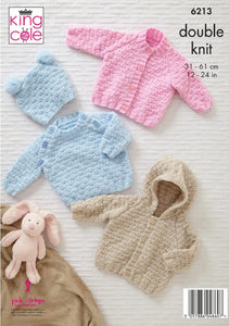 King Cole Double Knitting Pattern - Baby Jacket, Sweater Sleeping Bag & Hat 6213