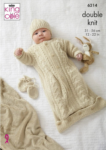 King Cole Double Knitting Pattern - Baby Mittens, Sweater Sleeping Bag & Hat 6214