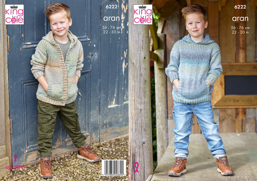 King Cole Aran Knitting Pattern Boys Hoodie & Button Up Jacket 6222