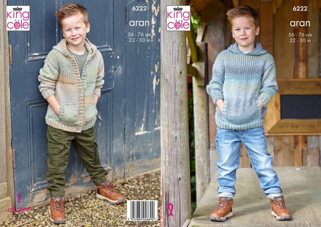 King Cole Aran Knitting Pattern Boys Hoodie & Button Up Jacket 6222
