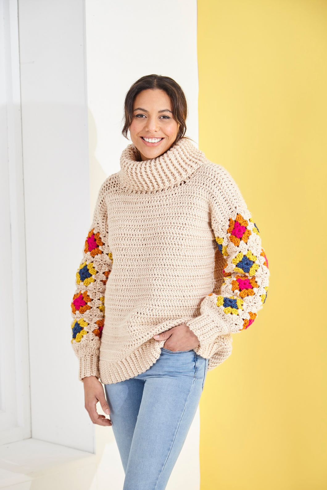 King Cole Chunky Knitting Pattern Ladies Roll Neck & Crew Neck Granny Square Jumpers (6228)