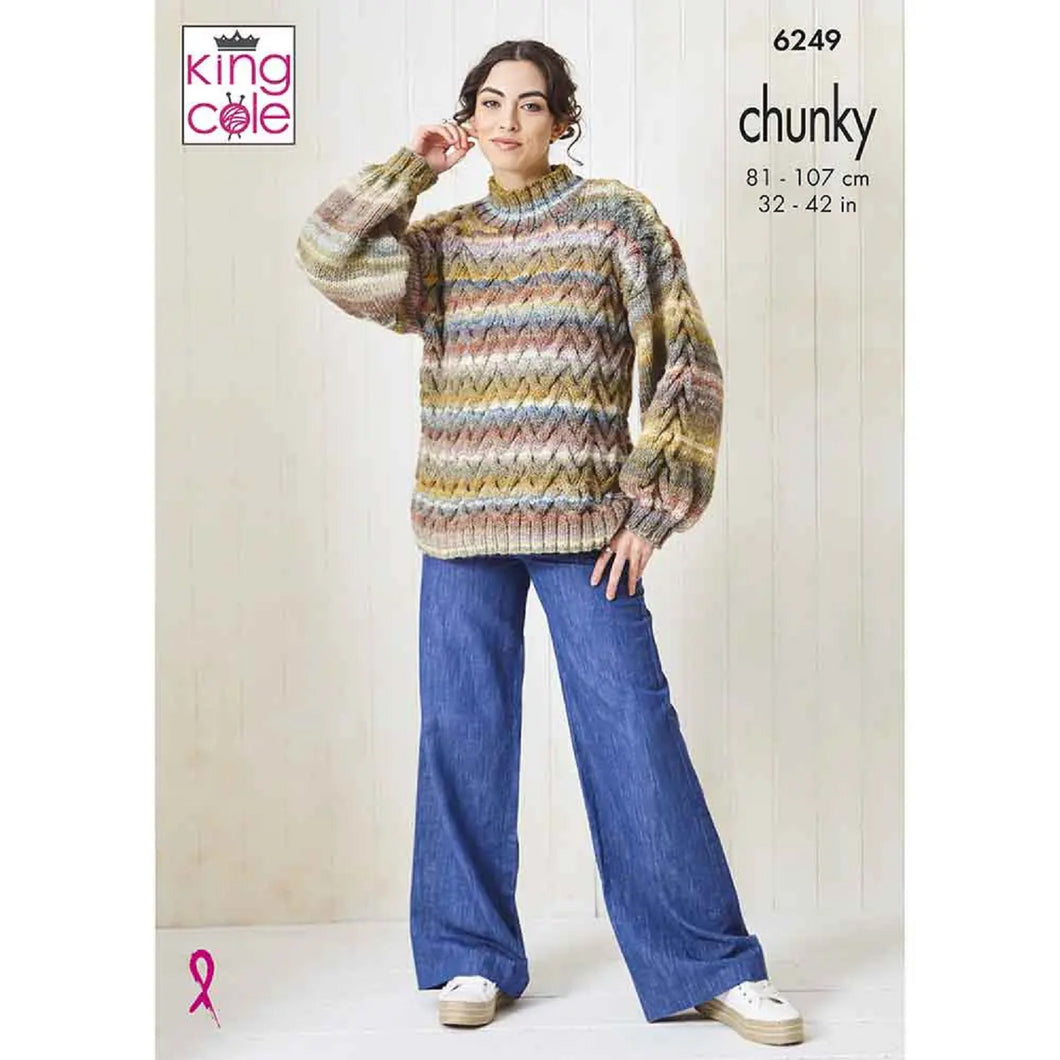 King Cole 6249 Knitting Pattern Womens Chunky Sweater, Cowl, Hat & Hand Warmer 6249