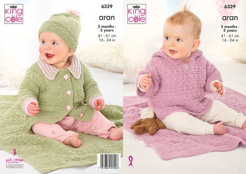 King Cole Aran Baby Knitting Pattern for Jacket, Hat, Hooded Top & Blanket (6329)