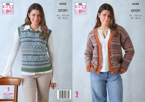 King Cole Ladies Knitting Pattern Aran Cardigan & Tank Top 6344