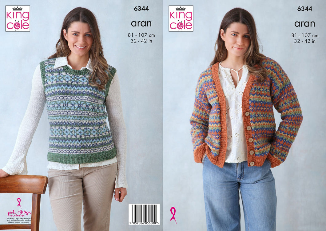 King Cole Ladies Knitting Pattern Aran Cardigan & Tank Top 6344