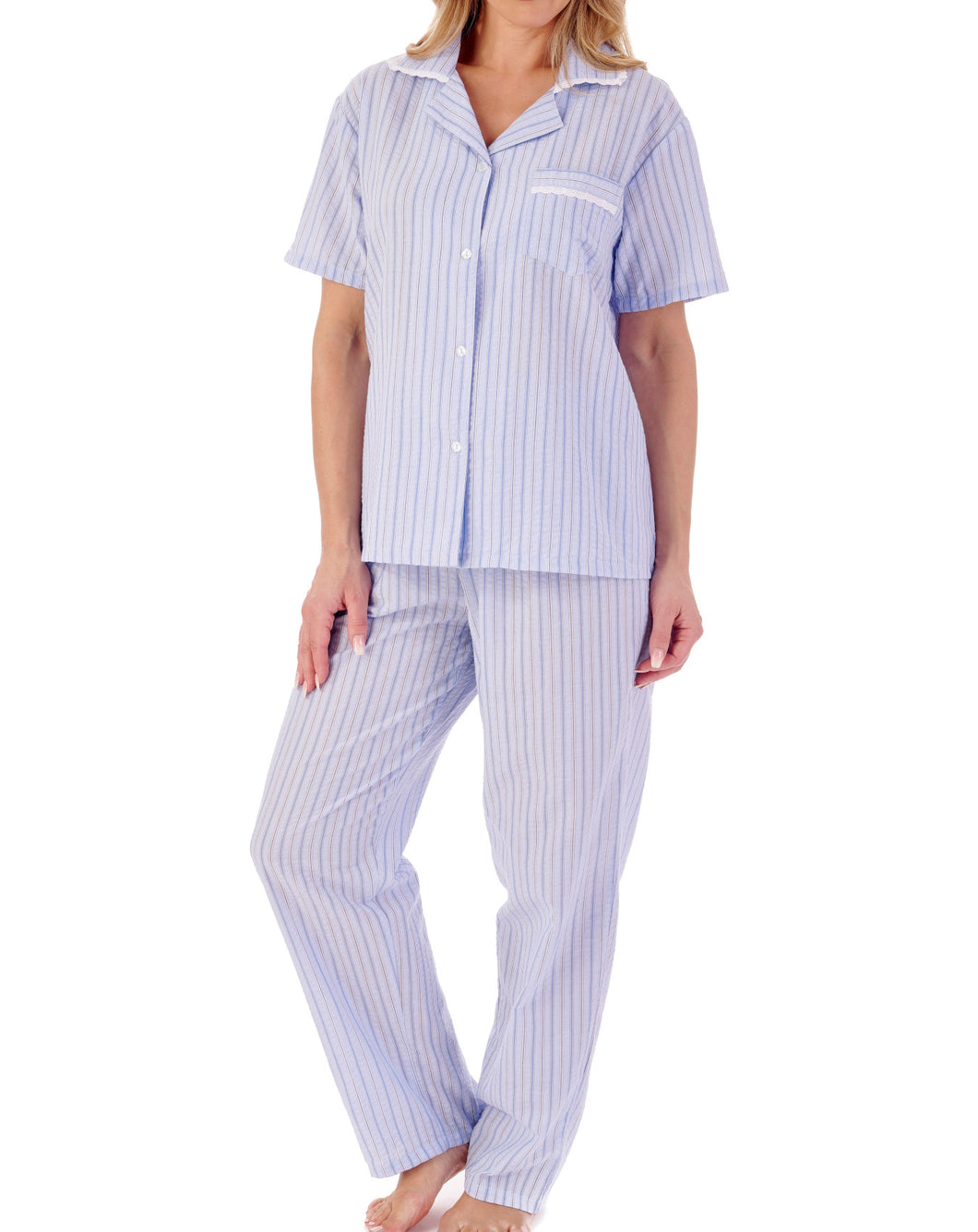 Slenderella Ladies Seersucker Stripe Classic Tailored Pyjamas (2 Colours)