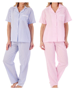 Slenderella Ladies Seersucker Stripe Classic Tailored Pyjamas (2 Colours)