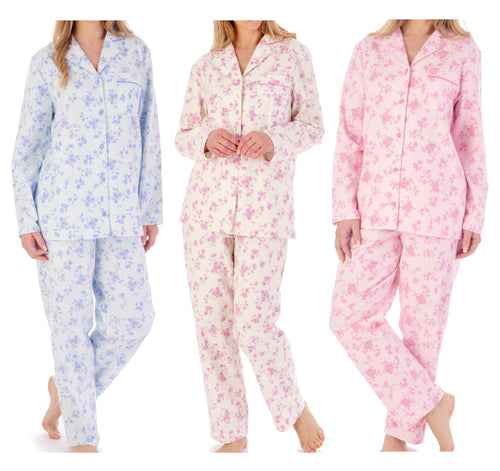 Slenderella Ladies Brushed Cotton Floral Tailored Pyjamas (3 Colours)