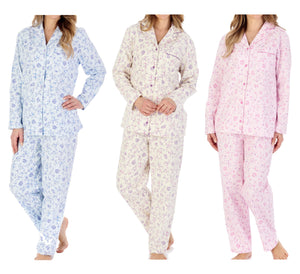 Slenderella Ladies Floral Brushed Cotton Tailored Pyjamas (3 Colours)