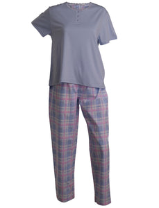 Slenderella Ladies Tartan Pyjamas - Jersey Top & Checked Bottoms (Blue or Pink)