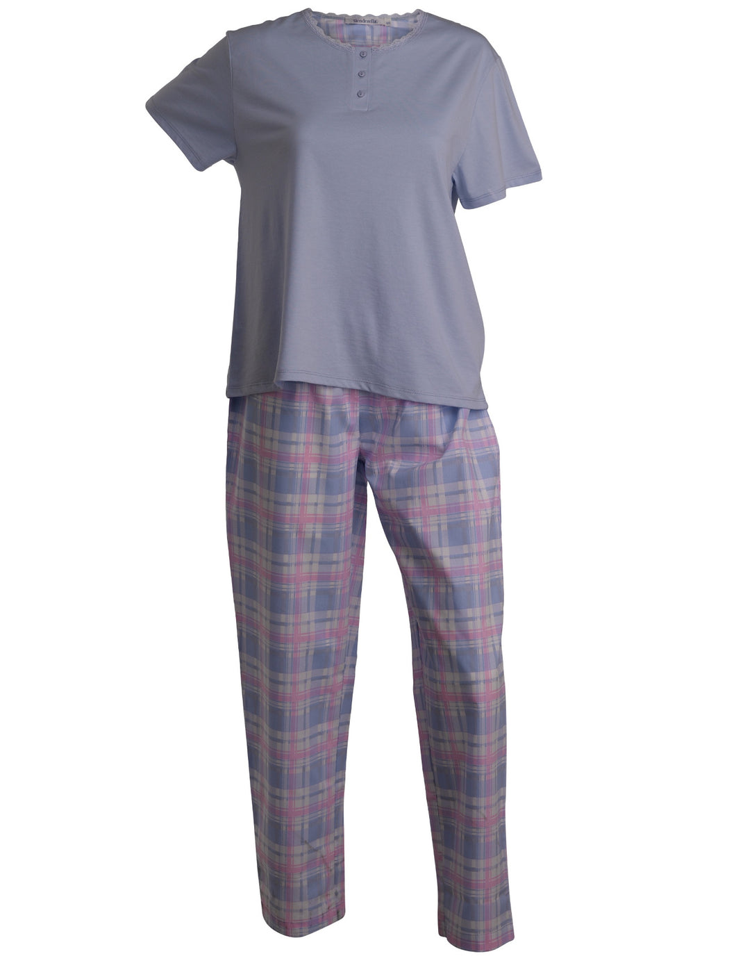 Slenderella Ladies Tartan Pyjamas - Jersey Top & Checked Bottoms (Blue or Pink)