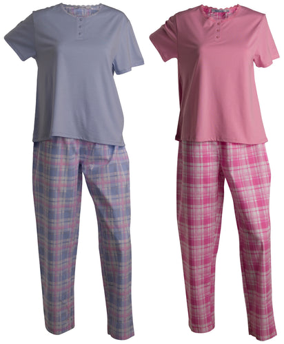 Slenderella Ladies Tartan Pyjamas - Jersey Top & Checked Bottoms (Blue or Pink)