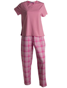 Slenderella Ladies Tartan Pyjamas - Jersey Top & Checked Bottoms (Blue or Pink)