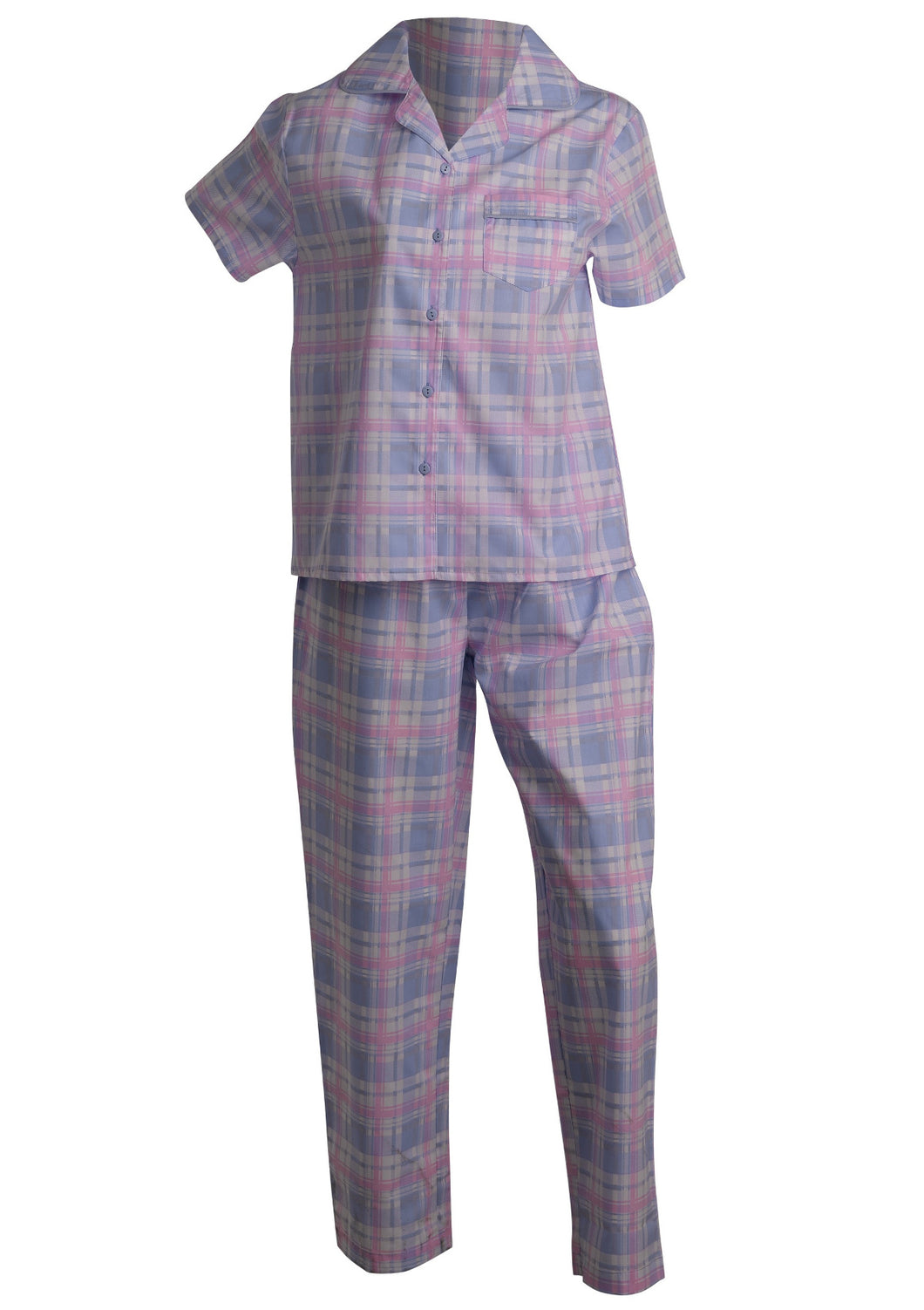 Slenderella Ladies Tartan Pyjamas - Button Top & Trouser Bottoms (Blue or Pink)