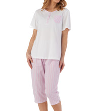 Load image into Gallery viewer, Slenderella Ladies Seersucker Stripe Cropped Trouser Pyjamas (Blue or Pink)