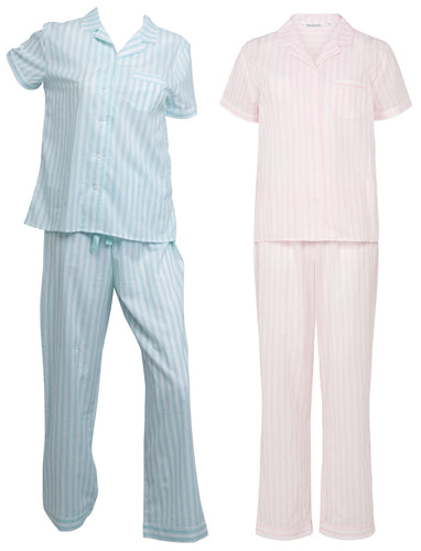 Slenderella Ladies Striped Button Up Top & Trouser Bottoms Pyjamas Set (Mint or Pink)