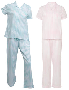 Slenderella Ladies Striped Button Up Top & Trouser Bottoms Pyjamas Set (Mint or Pink)
