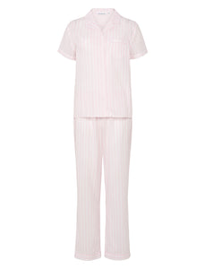 Slenderella Ladies Striped Button Up Top & Trouser Bottoms Pyjamas Set (Mint or Pink)