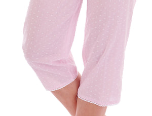 Slenderella Ladies Cotton Dobby Dot Cropped Pyjamas Set (Blue or Pink)