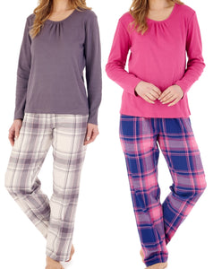 Slenderella Ladies Pyjamas - Plain Top & Checked Bottoms (2 Colours)