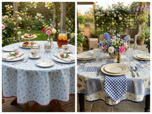 Load image into Gallery viewer, Floral &amp; Gingham Round Tablecloth 54” with One Pack of Napkins (Red or Blue)