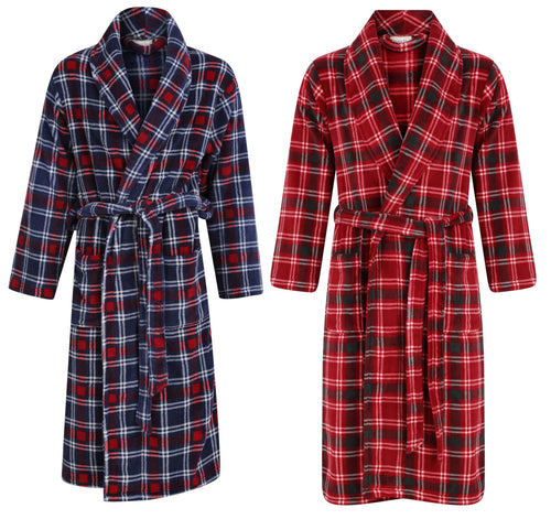 Walker Reid Mens Check Coral Fleece Dressing Gown (Small - 4XL)