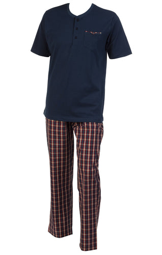Walker Reid Mens Plain Top & Checked Bottoms Pyjamas Set - XL