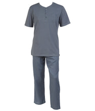 Load image into Gallery viewer, Walker Reid Mens Plain Top &amp; Striped Bottoms Pyjamas Set (Blue or Grey)