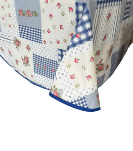 Floral & Gingham Round Tablecloth 54” with One Pack of Napkins (Red or Blue)