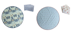 Floral & Gingham Round Tablecloth 54” with One Pack of Napkins (Red or Blue)