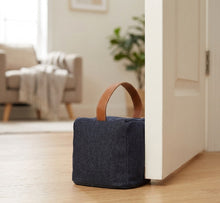 Load image into Gallery viewer, Denim Doorstop Cover with Faux Leather Handle (Cube or Cylinder)