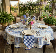 Load image into Gallery viewer, Floral &amp; Gingham Round Tablecloth 54” with One Pack of Napkins (Red or Blue)