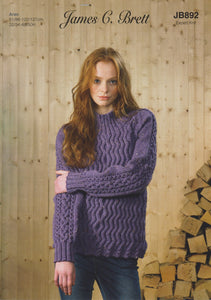 James Brett Aran Knitting Pattern Ladies Expert Knit Cable Detail Sweater JB892
