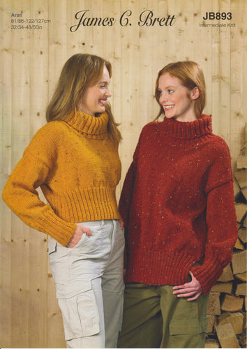 James Brett Aran Knitting Pattern Ladies Short or Long Roll Neck Sweaters JB893